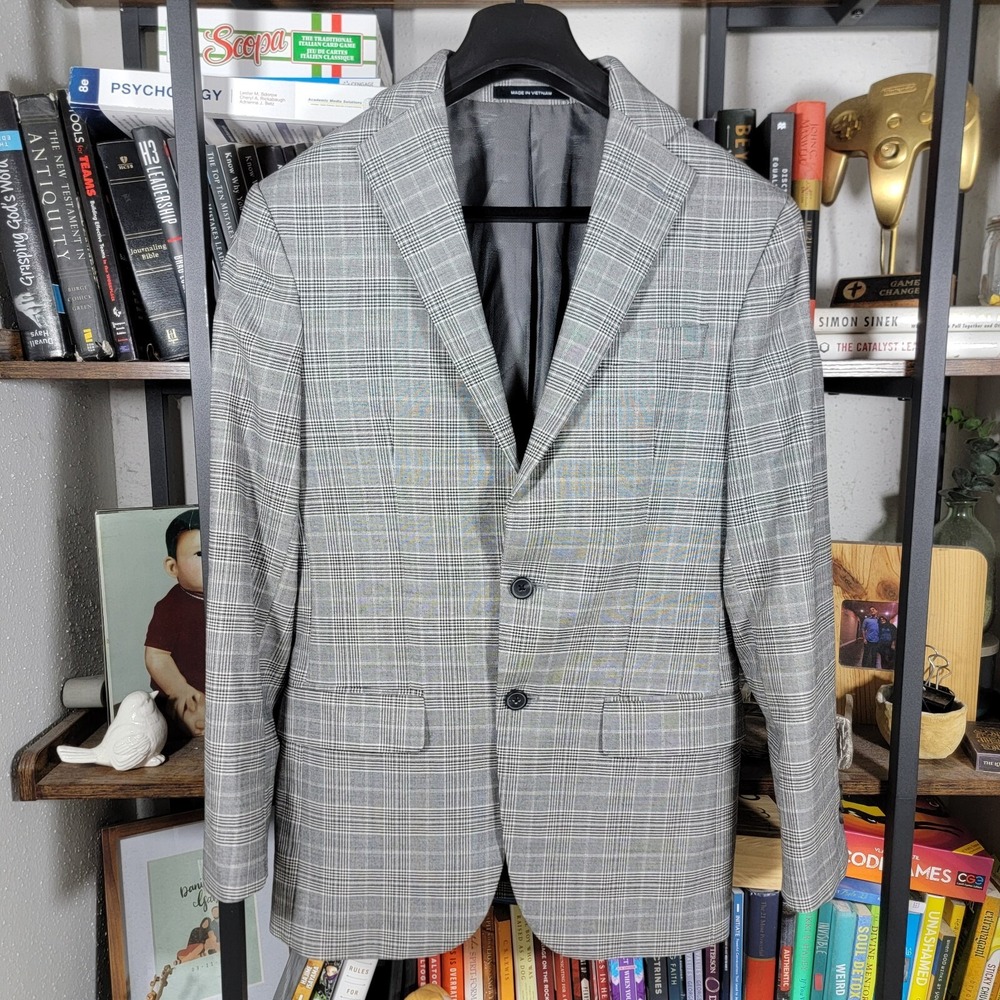 Kenneth Cole‎ Mens Sport Coat Blazer Two Button Gray Plaid Wool Poly Slim 36R